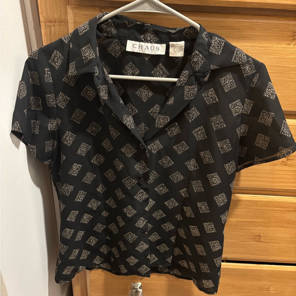 Chaus Black and Gold Patterned Blouse